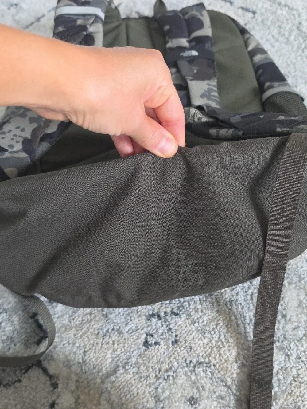The North Face Olive/Grey Camo Backpack with Yellow Logo